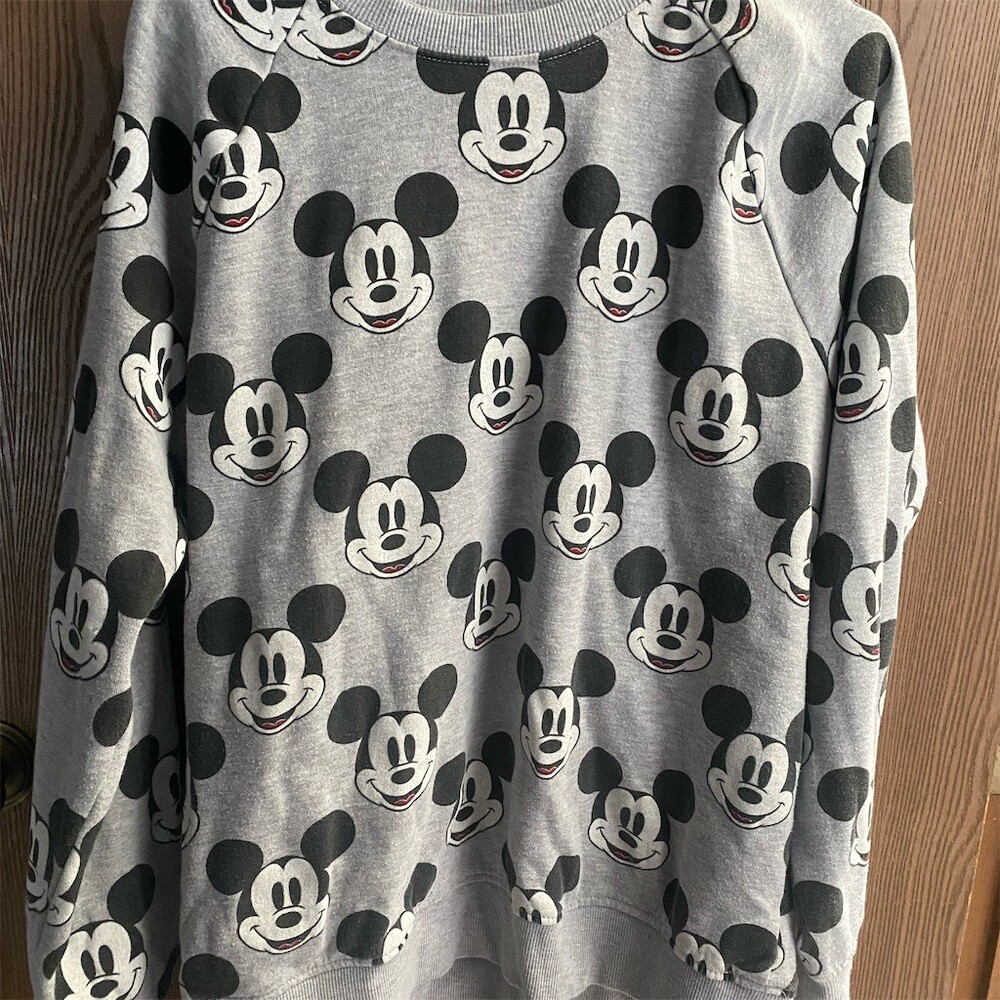 Disney Mickey Mouse Sweatshirt Mens Size L Gray All Over Print Crewneck